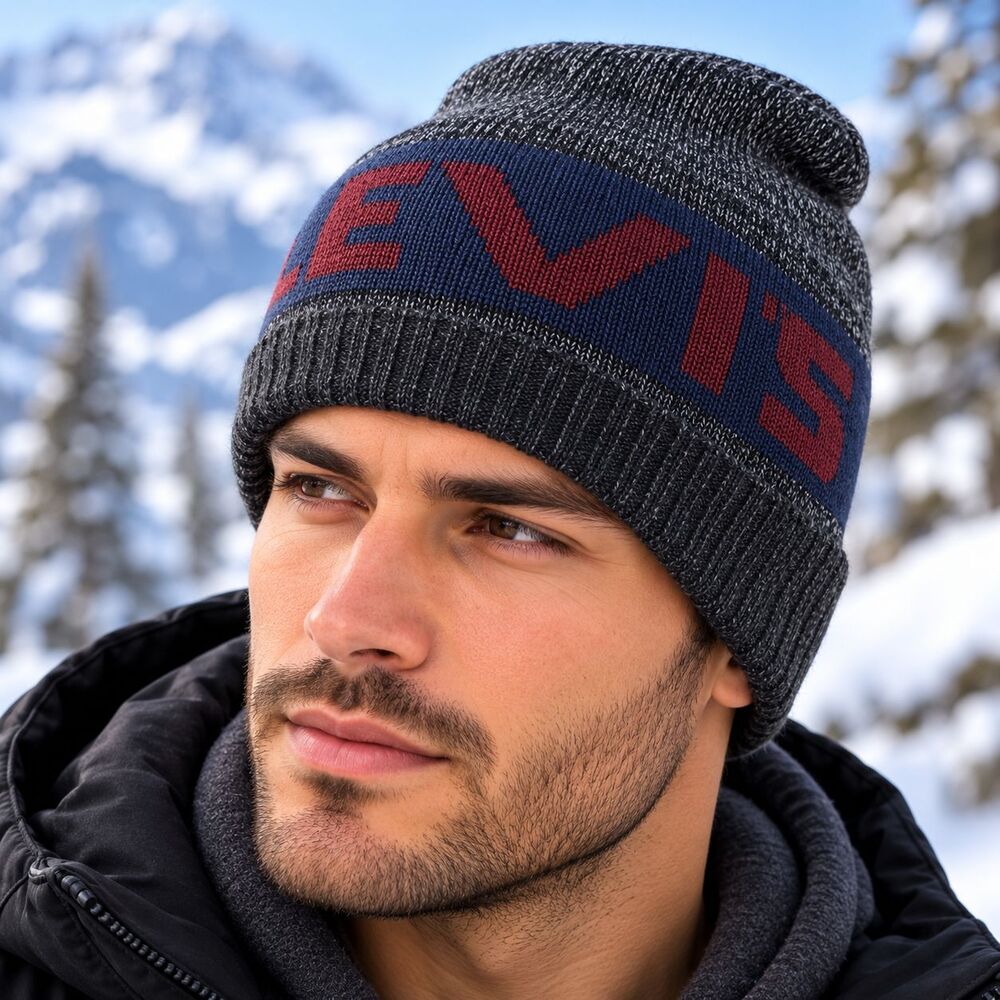 Levi's Hat Beanie Knit Mens One Size Gray Charcoal Striped Logo NWT Winter